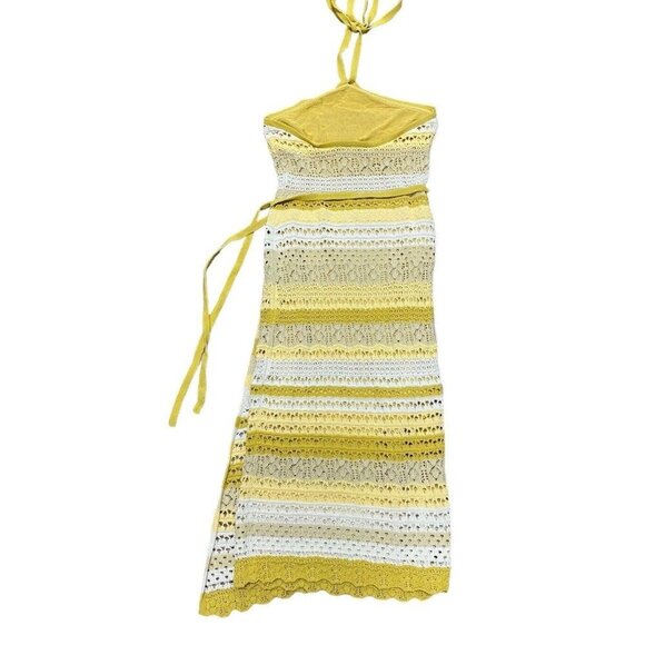 Jonathan Simkhai L Midi Dress Wrap Macrame Crochet Yellow Halter Designer Boho - Picture 4 of 8